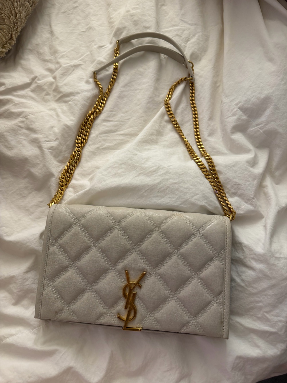 Yves Saint Laurent Quilted Leather Shoulder Bag in Cream with Gold Hardware